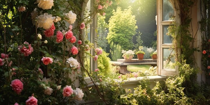 Fototapeta illustration of cottage window with outside garden courtyard, generative AI