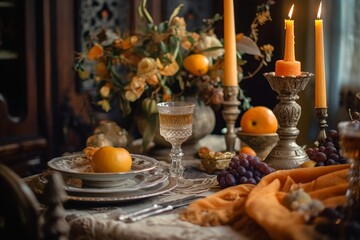 Obraz premium Thanksgiving table setting with pumpkins, generative ai image of elegant dining arrangement.
