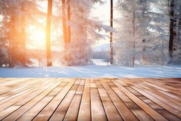 Winter background with snowy forest and blank wooden plank, generative ai.