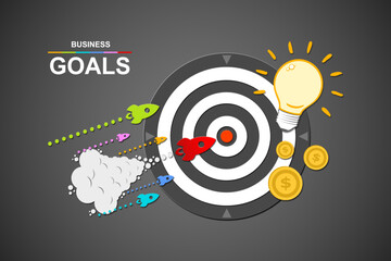 Targeted marketing ideas, Business competition, Concept of startup business organization for success or leadership professional and management, A rockets flies up go to the target on the dart board.