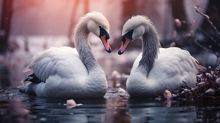 Two White Swans Swimming on Lake Their Necks Form a Heart Snowy Winter Day