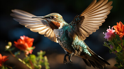 Obraz premium Exotic Colorful Colibri Humming Bird Mid Flight on a Flower Tree Selective Focus