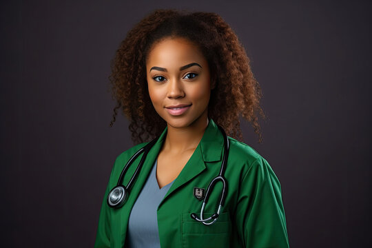Beautiful African American Female doctor medical with solid green background,generative ai