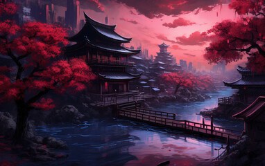 Obraz premium a Japanese Theme Park with a Cherry Tree During Evening Time