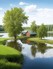 Fototapeta na wymiar Beautiful farm with lake, with a smalls river, lot trees. Genera