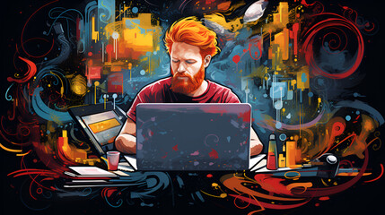 a red-haired guy is working at a computer in a whirlwind of idea