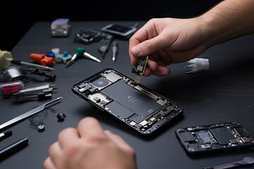Fototapeta na wymiar Technician repair smartphone on desk, components broken, clipping path