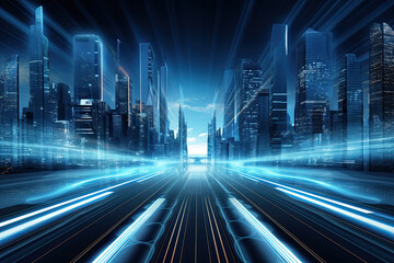 Futuristic city technology with speed light trails path through smart modern mega city, neon technology background, motion line speed light.