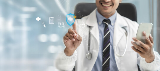 Healthcare doctors touch electronic medical data, diagnosis information, medical technology, and futuristic