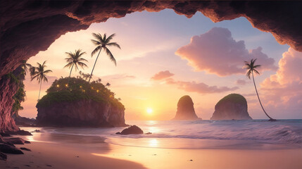 Tropical beach in the evening pink sky and sunset outside a cave