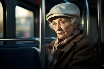 portrait of unhappy mature senior retired woman travelling on bus