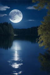 Fototapeta na wymiar A night summer day, with the moon shining down on a peaceful lak