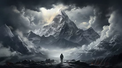 Foto op Aluminium Charcoal Pencil Sketch Black and White Ominous and Icy Mountains High in the Cloudy Sky © Image Lounge