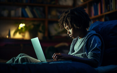 Black african american dark-skinned cheerful boy uses laptop to make video call with his teacher. Child is happy to learn remotely and receive knowledge. E-Education Distance Learning, Home Schooling.