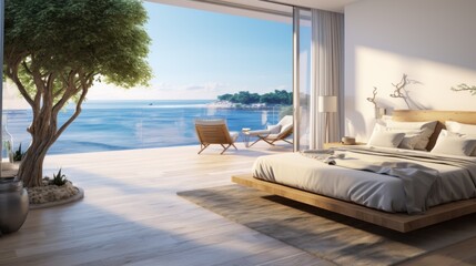 Fototapeta na wymiar Bedroom with sea view and balcony with ocean view.