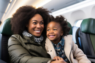 Mother and daughter excited fro fly on a commercial jet. 