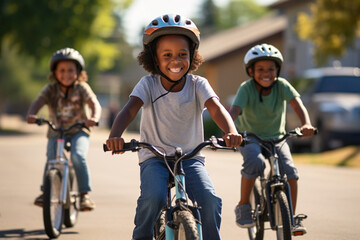 Kids cycling on a residential street. 