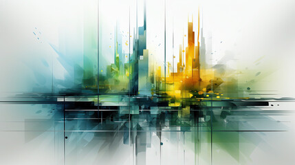 Abstract Art of Green, Yellow, Black and Blue Color Lines and Square Boxes Draw With Thick Paint Brush Strokes