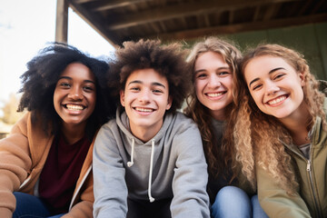 Happy group of teens hanging out together in group.