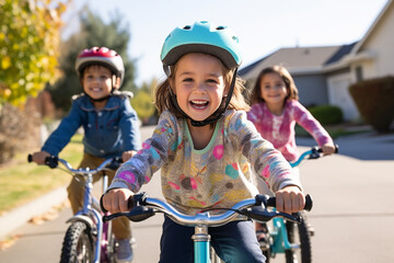 Kids cycling on a residential street. 