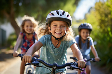 Naklejka premium Kids cycling on a residential street. 