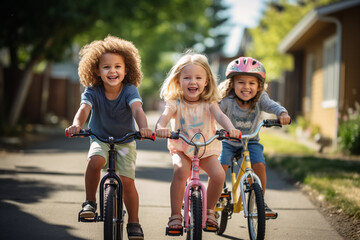 Fototapeta premium Kids cycling on a residential street. 