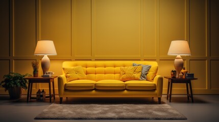 Living room with yellow sofa and floor lamp