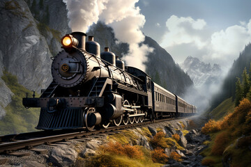 Old steam powered train traveling in mountain region. 