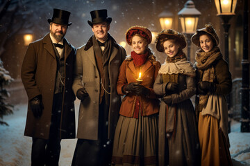Christmas carollers in victorian outfits in winter time.  - obrazy, fototapety, plakaty