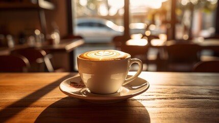 a coffee cup sits on a table in a coffee shop.
