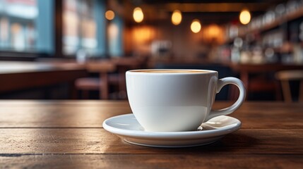 a coffee cup sits on a table in a coffee shop.