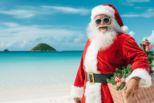 Santa Claus relaxing on a beach after the Christmas Holiday season. 