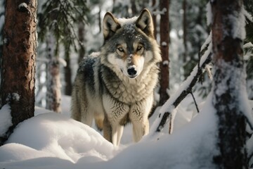 Naklejka premium Winter's Sentinel_Wolf In Snow Laden Pine Forest 