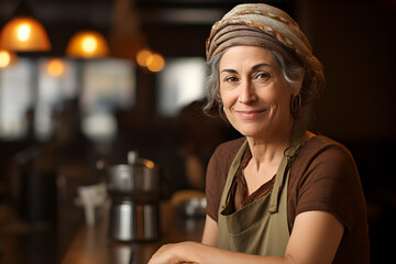 portrait of mature barista woman in artisan coffee shop