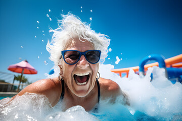 happy retired senior woman in waterpark swimming pool enjoying retirement - obrazy, fototapety, plakaty