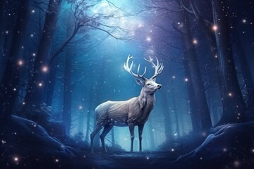 Majestic Nocturnal Deer Amidst Enchanted Forest And Cosmic Backdrop
