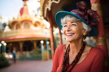 happy retired senior woman at theme park enjoying retirement