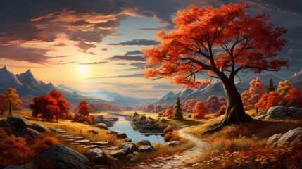 PICTURESQUE AUTUMN LANDSCAPE ON SUNNY AUTUMN DAY