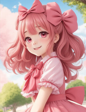 Kawaii anime girl with a pink dress in a Sakura park. Generative AI.