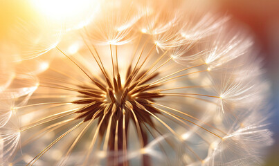 Dandelion develops in the wind. A flower at sunrise in a field For banner, postcard, book illustration. Created with generative AI tools