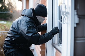 Fototapeta na wymiar A robber in a black jacket, hat, mask and gloves is trying to open the door to an apartment building