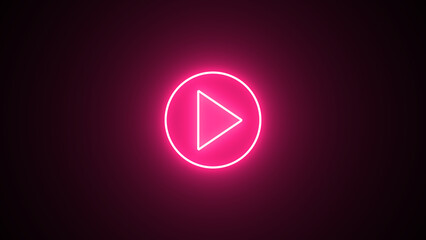 purple color play button on black background. Start button. Neon glowing play button. Neon glowing play button with neon circle.