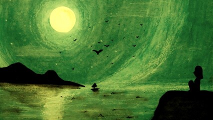 Chalk-painted artistic backdrop of a night landscape with people sitting on rocks and moon, sea, birds, and gold scenes in glittering green tones. - obrazy, fototapety, plakaty