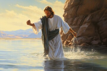 Waters of Transcendence: Jesus' Majestic Appearance as He Steps Out of the Water
