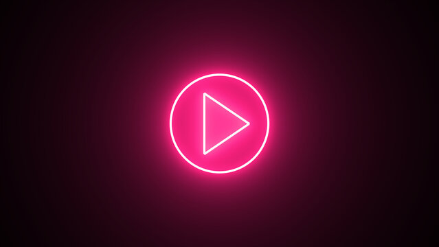 purple color play button on black background. Start button. Neon glowing play button. Neon glowing play button with neon circle.