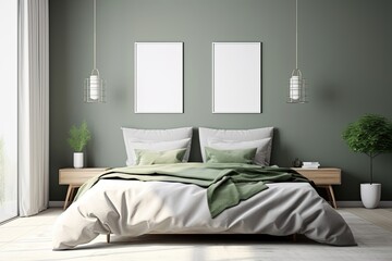 Fototapeta na wymiar Scandinavian Minimalist Bedroom Photo frame with Natural Light and Elegant bed, Ai Generetive, Generative AI
