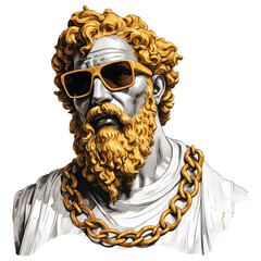 Greek statue with gold chain, sunglasses and hair isolated on transparent background. Generative AI