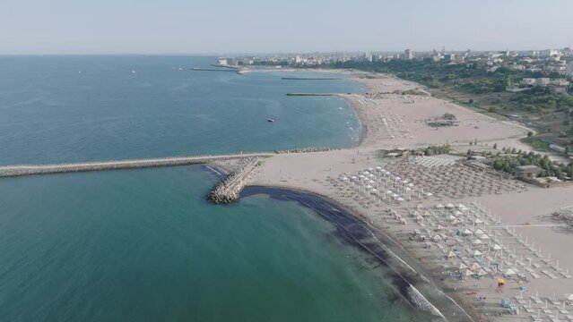 Panoramic View Over Scenic Beaches In Constanța, Romania - drone shot