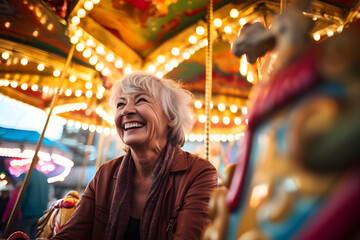 Obraz premium happy retired seniorwoman at fairground enjoying retirement