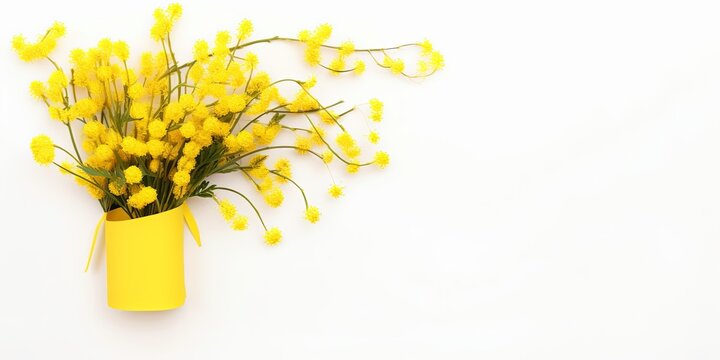 Top view image of spring yellow mimosa flowers composition over white isolated background, Generative AI